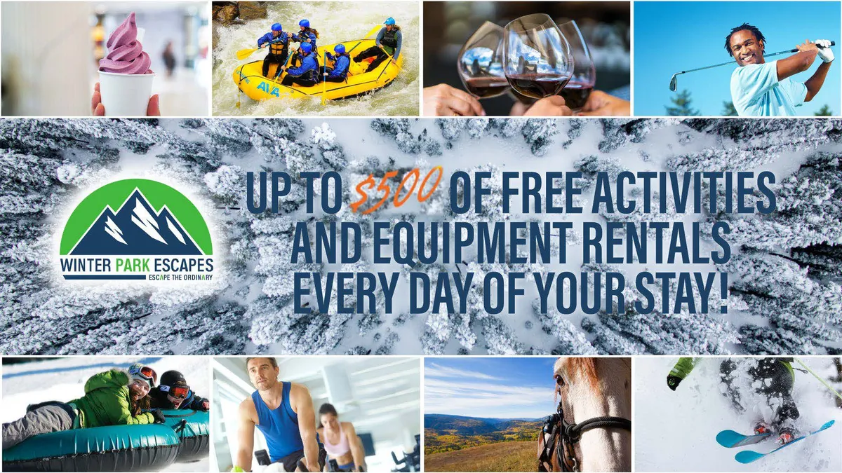 This energetic exterior scene features a variety of outdoor activities, including people white-water rafting, skiing, horseback riding, and golfing. There are clear visuals of participants engaged in these experiences, showcasing the thrill and diversity of adventures available nearby.