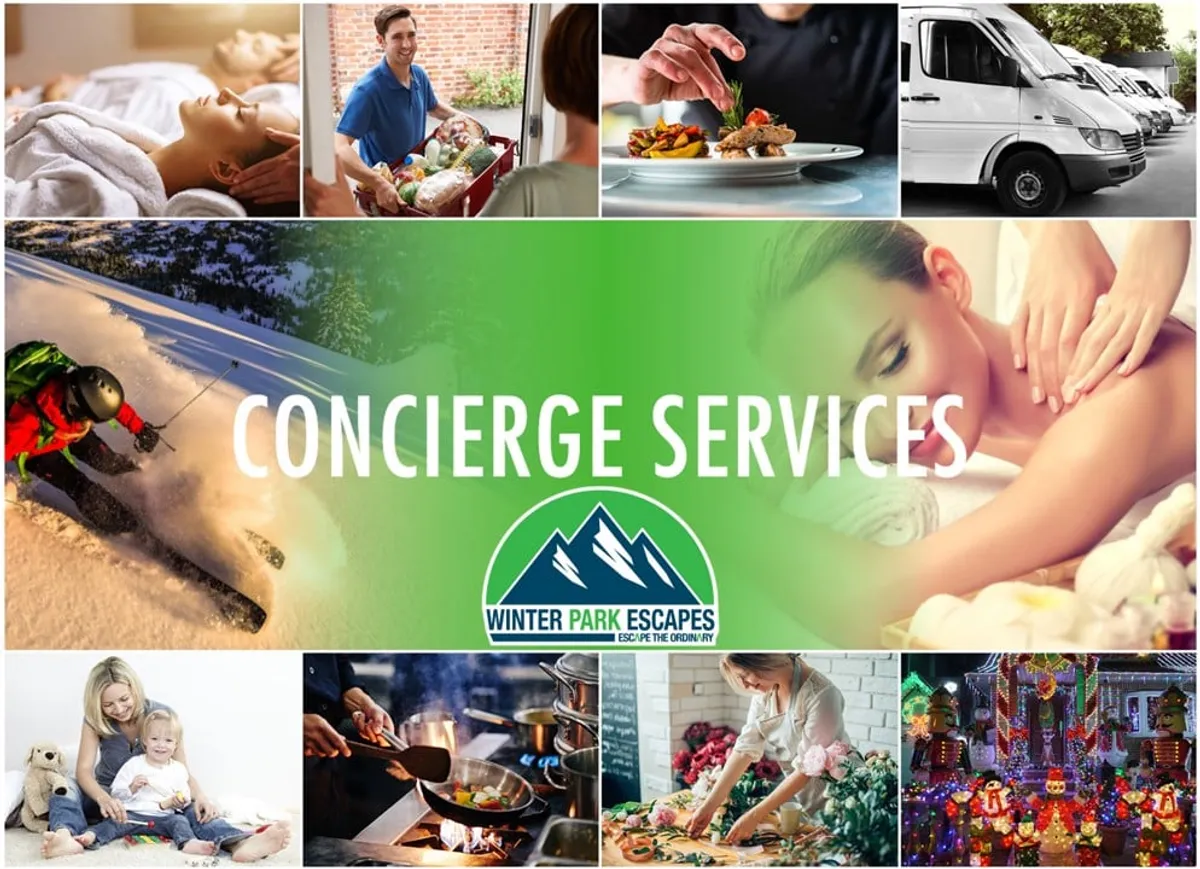 A vibrant montage showing concierge services and a variety of activities: someone skiing, relaxing with spa treatments, joyful family gatherings, cooking, grocery delivery, and event planning. The images suggest a personalized, curated experience for guests, with both adventure and relaxation on offer.