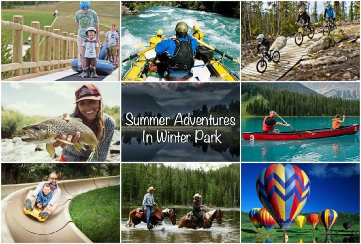 A lively outdoor scene showcasing families and friends partaking in adventurous activities such as white water rafting, mountain biking, and hot air ballooning, set against vibrant natural landscapes.